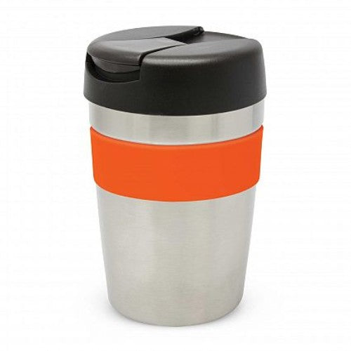 Java Vacuum Cup in silver with orange band, 340ml, featuring double wall insulation and splash-proof lid, perfect for hot beverages.