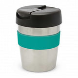 Stylish 230ml stainless steel vacuum cup in silver and black, with teal silicone band; keeps drinks hot for 3 hours.