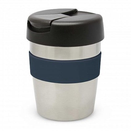 Java Vacuum Cup in silver and black with navy band; 230ml, double-wall insulation, splash-proof lid, elegant design.