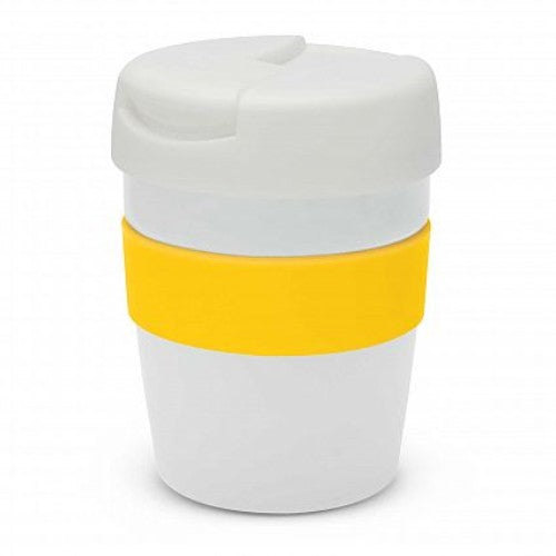 Java Vacuum Cup in white with yellow band, 230ml, double wall insulation, splash-proof lid, presented in a black gift box.