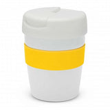 Java Vacuum Cup in white with yellow band, 230ml, double wall insulation, splash-proof lid, presented in a black gift box.