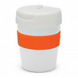 Java Vacuum Cup - 230ml, white with orange band, double wall insulated, splash-proof lid, stylish and portable design.