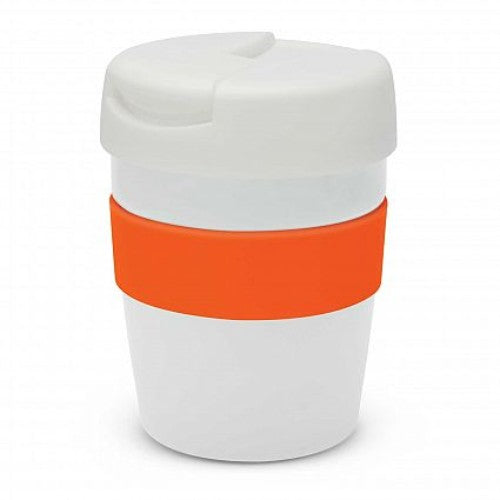 Java Vacuum Cup - 230ml, white with orange band, double wall insulated, splash-proof lid, stylish and portable design.