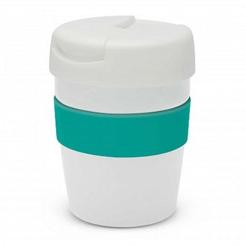 Java Vacuum Cup in White and Teal, 230ml, double wall insulated, splash-proof lid, perfect for keeping drinks hot.