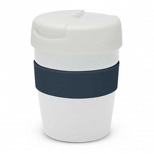 Java Vacuum Cup in white with navy band, 230ml, double-wall insulated, keeps drinks hot for 3 hours, BPA-free, stylish design.