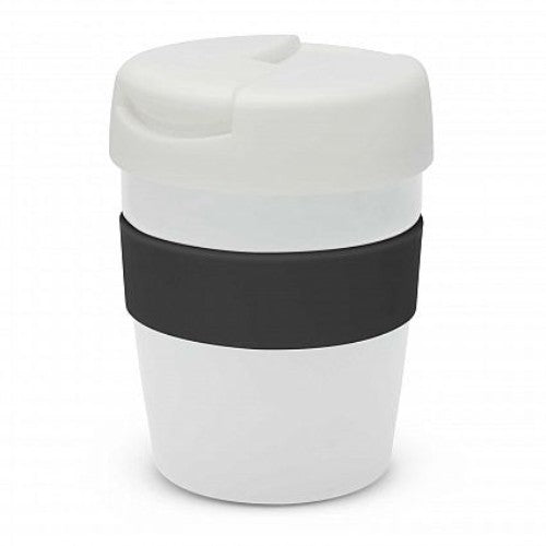 Java Vacuum Cup with Band in white, featuring a black silicone band and a splash-proof lid, perfect for hot beverages on-the-go.