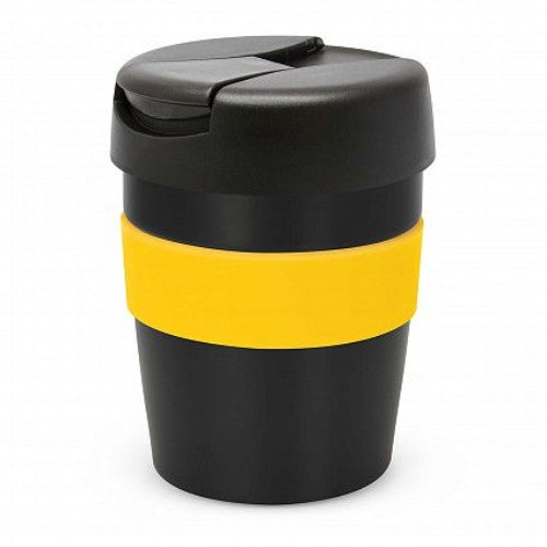 Java Vacuum Cup - 230ml in black and yellow with double wall insulation, secure lid, and splash-proof closure, ideal for hot drinks.