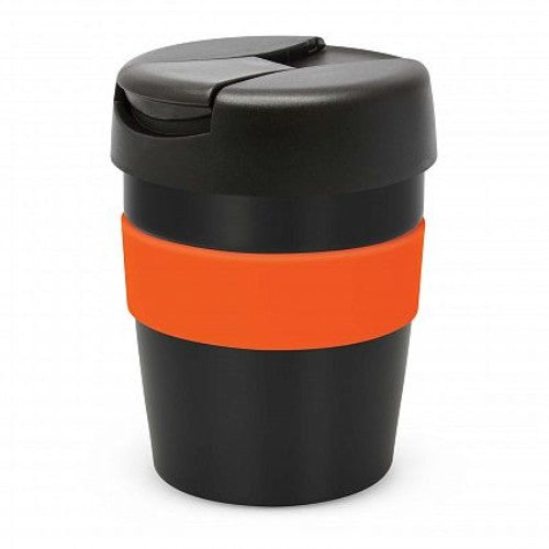 Java Vacuum Cup in black and orange, 230ml, insulated for 3-hour heat retention, with a secure lid and stylish silicone band.