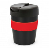 Sleek black vacuum cup with red silicone band, keeps drinks hot for 3 hours, spill-proof lid, stylish and BPA free.