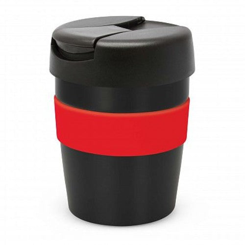 Sleek black vacuum cup with red silicone band, keeps drinks hot for 3 hours, spill-proof lid, stylish and BPA free.