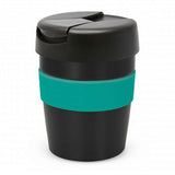 Java Vacuum Cup in black and teal, 230ml; double wall insulated, splash-proof lid, stylish silicone band.