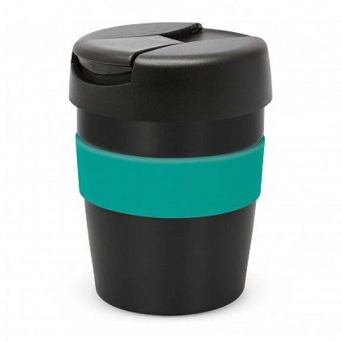 Java Vacuum Cup in black and teal, 230ml; double wall insulated, splash-proof lid, stylish silicone band.