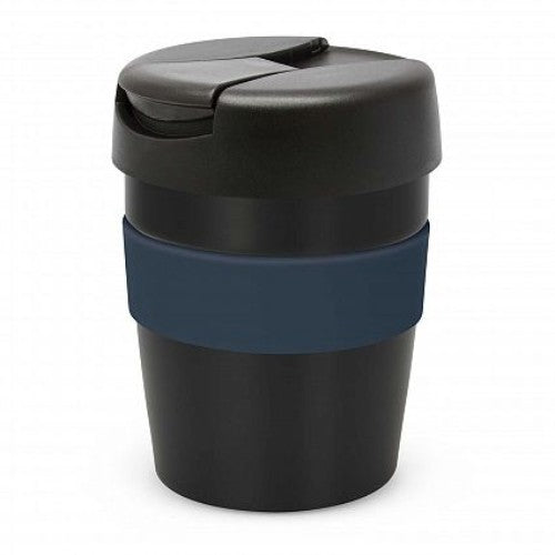 Black and navy Java vacuum cup, 230ml, stainless steel, double-wall, keeps drinks hot for 3 hours with silicone band and secure lid.