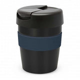 Black and navy Java vacuum cup, 230ml, stainless steel, double-wall, keeps drinks hot for 3 hours with silicone band and secure lid.
