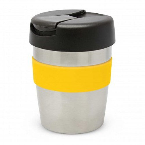 Sleek 230ml stainless steel vacuum cup in silver and black with a bright yellow band, designed to keep drinks hot for hours.