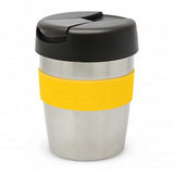 Sleek 230ml stainless steel vacuum cup in silver and black with a bright yellow band, designed to keep drinks hot for hours.