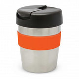 Stylish silver and black insulated vacuum cup with orange band, 230ml capacity, keeps drinks hot for 3 hours.