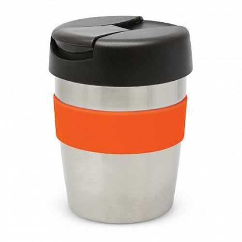 Stylish silver and black insulated vacuum cup with orange band, 230ml capacity, keeps drinks hot for 3 hours.