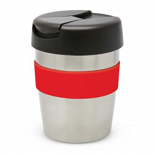 Java Vacuum Cup with Band in silver with red band, 230ml, features a soft-touch grip and secure lid to keep drinks hot.