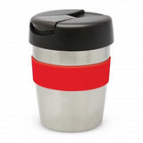 Java Vacuum Cup with Band in silver with red band, 230ml, features a soft-touch grip and secure lid to keep drinks hot.