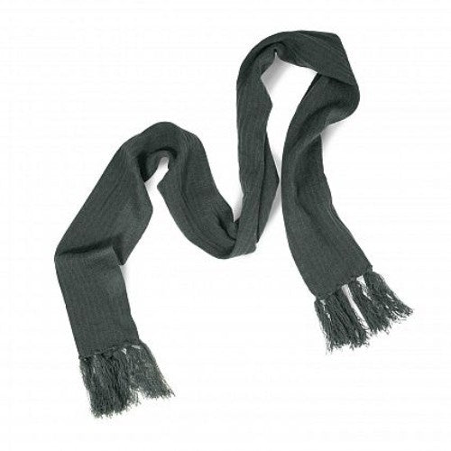 Stylish grey cable knit scarf with tassels, made from durable acrylic yarn, measuring 1800mm x 200mm for cozy warmth.