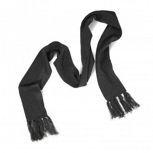 Black cable knit scarf with tassels, crafted from warm acrylic yarn, measuring L 1800mm x W 200mm for stylish winter wear.