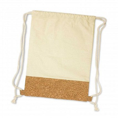 Set of 6 eco-friendly Oakridge drawstring backpacks in natural cotton with cork panel, perfect for versatile use and style.