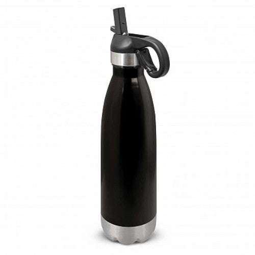 Sleek black 700ml stainless steel drink bottle with flip lid, straw, and carabiner for on-the-go hydration.