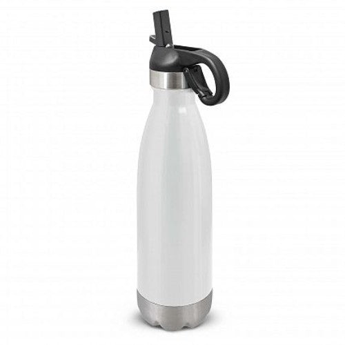 Sleek white 700ml stainless steel drink bottle with flip lid, straw, and carabiner for easy hydration on-the-go.