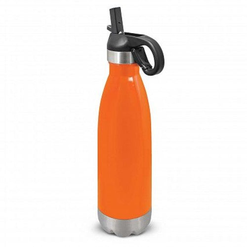 Bright orange stainless steel drink bottle with flip lid, straw, and carabiner, ideal for outdoor adventures and hydration.
