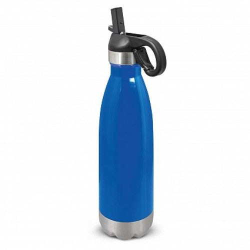 Royal blue stainless steel drink bottle with flip lid, straw, and carabiner clip for easy hydration on the go.
