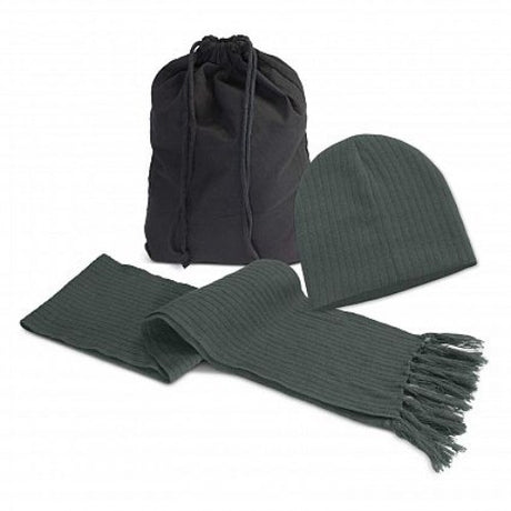 Dark grey Nebraska scarf and beanie set featuring trendy tassels, crafted from warm knitted acrylic, ideal for winter styling.