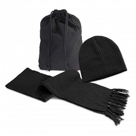 Elegant black scarf and beanie set with trendy tassels, crafted from warm knitted acrylic, packaged in a cotton drawstring bag.
