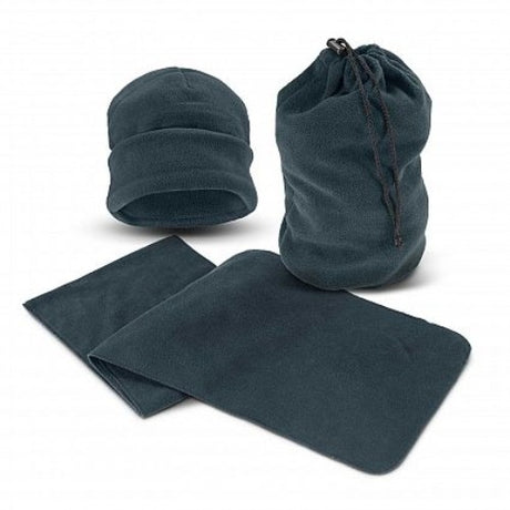 Navy scarf and beanie set in soft polar fleece, featuring a roll-up cuff beanie and packaged in a matching drawstring bag.