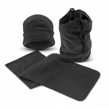 Black Seattle Scarf and Beanie Set made of warm polar fleece, featuring a stylish beanie with roll-up cuff and matching drawstring bag.