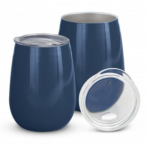 Navy Cordia Vacuum Cup, 300ml stainless steel, double wall insulation, keeps drinks hot or cold for 3 hours, secure lid.
