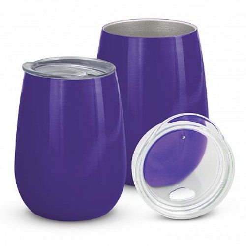 Purple Cordia Vacuum Cup, 300ml double wall stainless steel, keeps drinks hot or cold, stylish curved design, spill-proof lid.