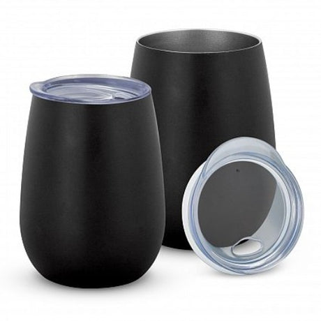Sleek black Cordia Vacuum Cup with double wall insulation, keeps drinks hot or cold for 3 hours, ideal for on-the-go hydration.