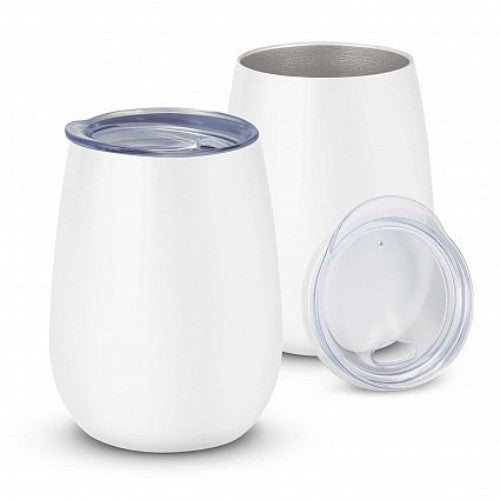 Sleek white stainless steel vacuum cup, 300ml, keeps drinks hot or cold for 3 hours, ideal for on-the-go hydration.