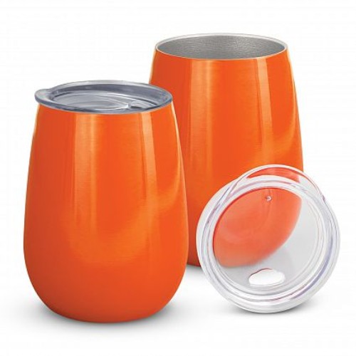 Cordia Vacuum Cup in vibrant orange, 300ml, double wall insulated, BPA-free stainless steel, secure lid, elegant gift box.
