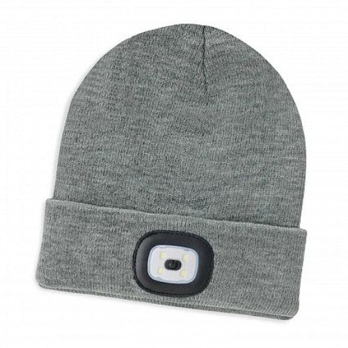 Light grey marle knitted beanie with built-in headlamp, adjustable light settings, and removable chargeable module.