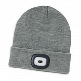Light grey marle knitted beanie with built-in headlamp, adjustable light settings, and removable chargeable module.