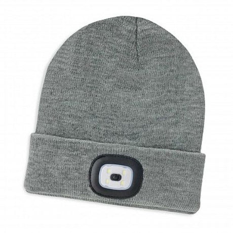 Light grey marle knitted beanie with built-in headlamp, adjustable light settings, and removable chargeable module.