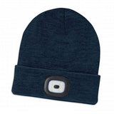 Navy knitted beanie with built-in rechargeable headlamp, perfect for outdoor adventures and chilly nights.