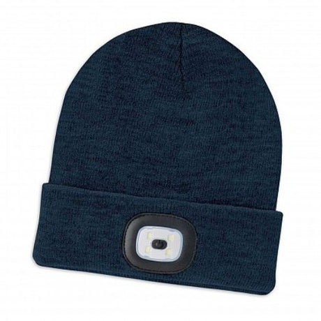 Navy knitted beanie with built-in rechargeable headlamp, perfect for outdoor adventures and chilly nights.