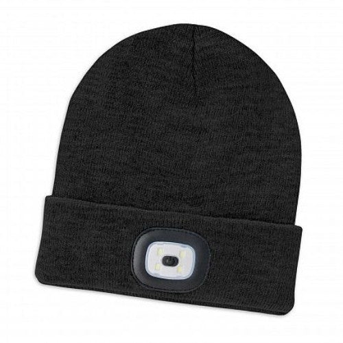 Stylish black headlamp beanie with built-in COB light, offering warmth and versatility for outdoor adventures.
