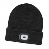 Stylish black headlamp beanie with built-in COB light, offering warmth and versatility for outdoor adventures.