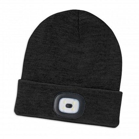 Stylish black headlamp beanie with built-in COB light, offering warmth and versatility for outdoor adventures.