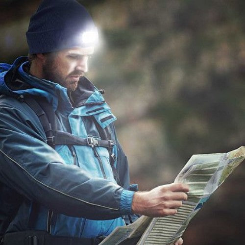 Light grey marle headlamp beanie with built-in lamp, roll-up cuff, and twin-layer warmth, ideal for outdoor adventures.