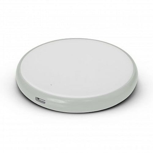Elegant white round wireless charger with light display, compatible with Qi devices, perfect for clutter-free charging.